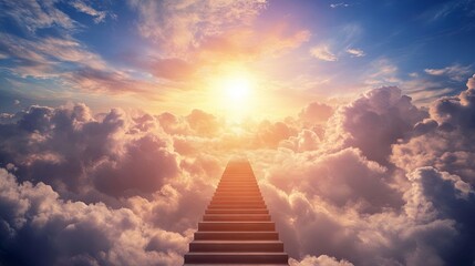 A symbolic staircase ascends to the heavens, traversing a sky full of sunlight and clouds, representing death and the transition to an afterlife