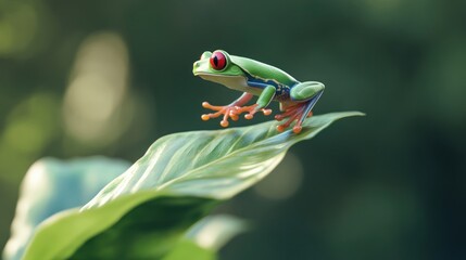 Naklejka premium Striking Red-Eyed Tree Frog perched on a vibrant Green Leaf in the Rainforest