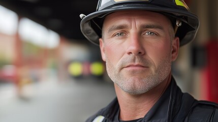 Close-up portrait of a middle-aged man wearing a firefighter's helmet. he is looking directly at the camera with a serious expression on his face.
