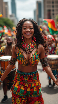 Joyful African American woman celebrating Juneteenth at vibrant street parade, wearing colorful traditional attire, holding drums, smiling brightly with red, yellow, green flags in background

