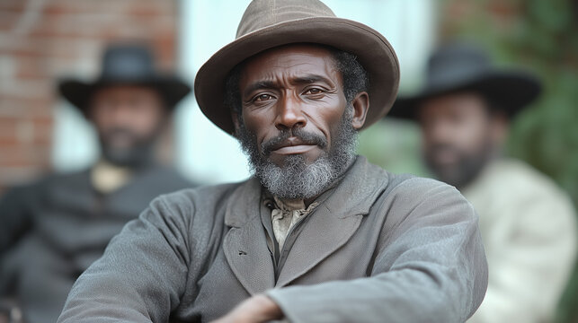 Juneteenth celebration concept. Portrait of an elderly African American man in vintage attire, symbolizing history, heritage, and freedom, soft natural light, close-up