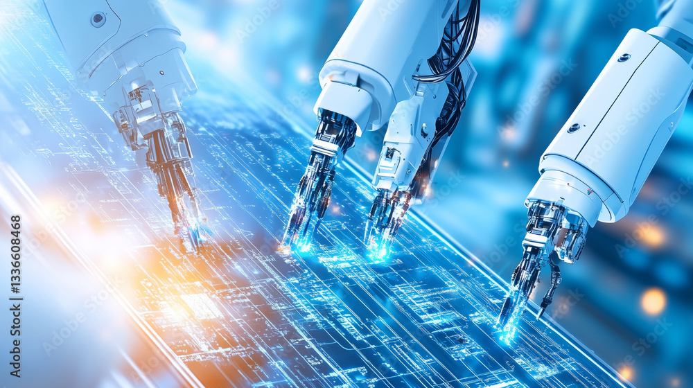 Poster robotic arms with intricate designs are engaged in assembling electronic circuit boards in a modern 