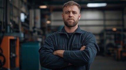 Obraz premium Portrait of a man standing in a workshop with his arms crossed. he is wearing a dark blue coverall and has a beard.