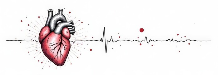 Heart outline close-up on white background. Cardiogram with red hemoglobin dot passes through the heart model. Horizontal concept of health, love, care for humanity.