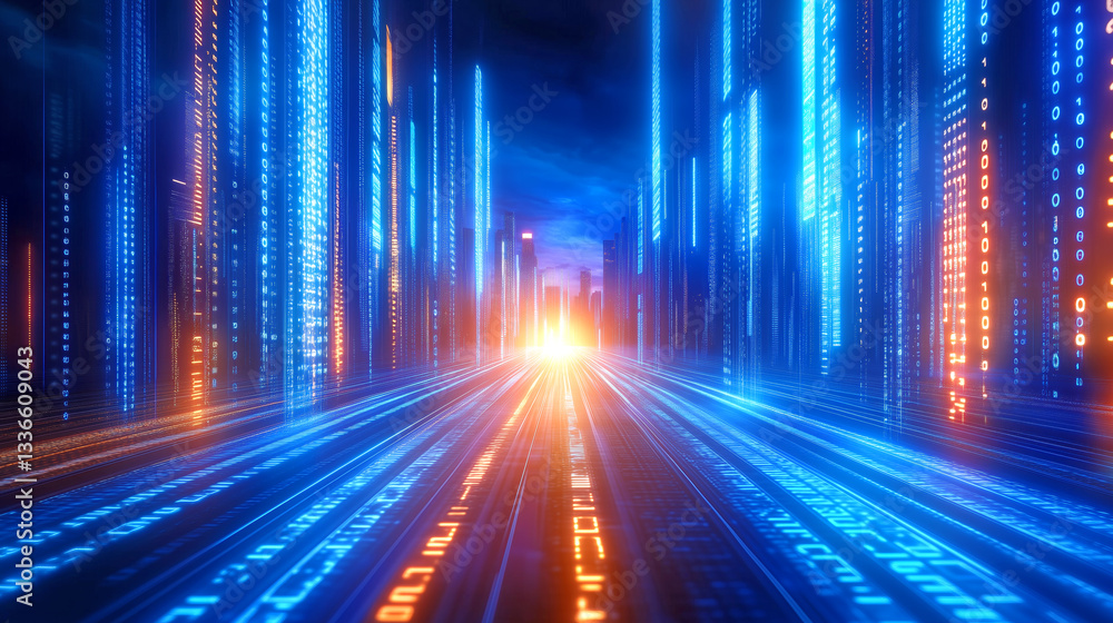 Poster a futuristic urban landscape unfolds with glowing streams of binary code in vibrant blue and orange.