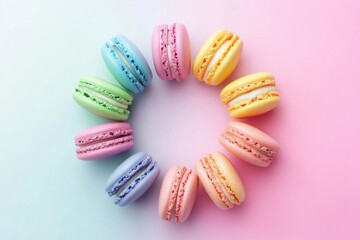Fototapeta premium Whimsical Rainbow Macarons Circle, Pastel Gradient, Soft Focus