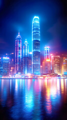 A vibrant city skyline showcases tall skyscrapers bathed in blue and colorful lights during the night. Their reflections shimmer on the water, creating a dazzling urban atmosphere