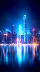Fototapeta premium Tall skyscrapers illuminated by colorful lights create a stunning skyline at night, with reflections shimmering on the tranquil water below. This vibrant scene captures urban energy