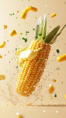 Flying corn on the cob with butter and herbs, surrounded by splashes, isolated on a beige background