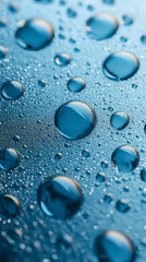 3D-rendered smooth blue glass with water droplets evenly scattered, soft light reflections