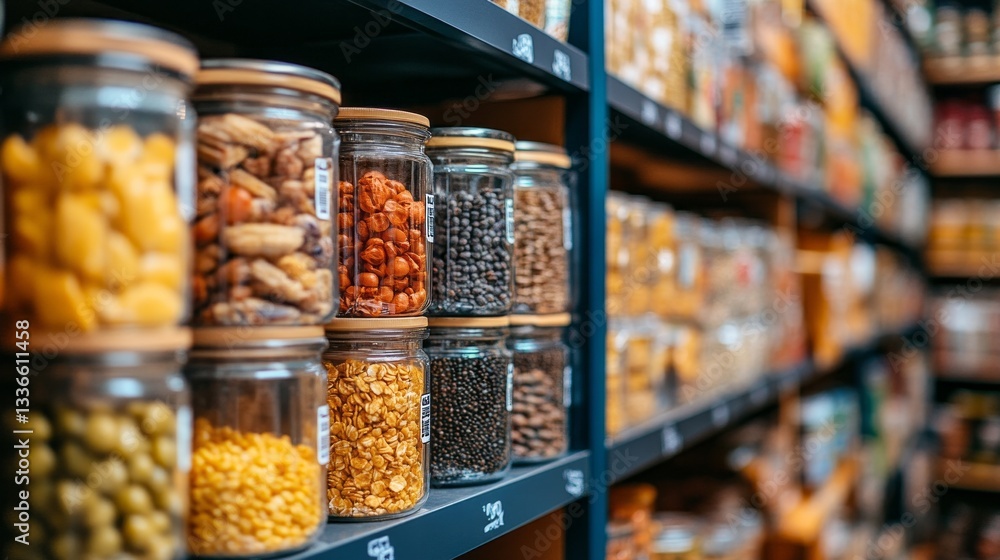 Poster various non-perishable products are meticulously arranged in glass jars on sturdy shelves, creating 