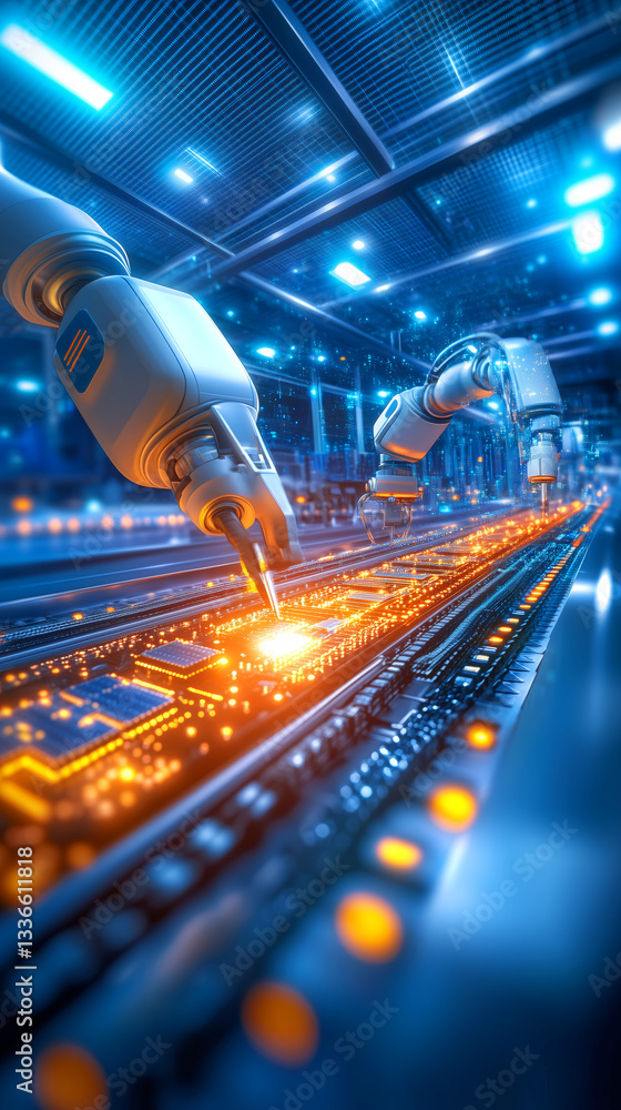 Poster robotic arms are precisely working in a high-tech manufacturing environment, assembling electronic c