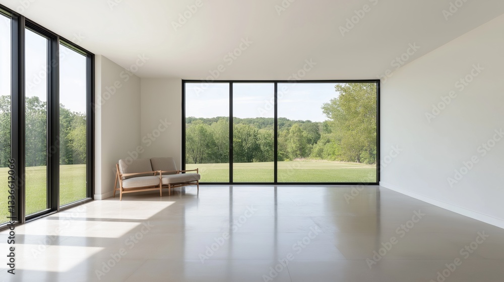 Poster empty room with large windows that offer a beautiful view of a green field and trees.