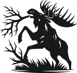 silhouette of a moose snapping a branch with its antlers