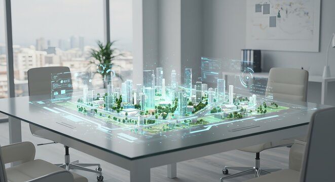 Futuristic city hologram on office table. Urban planning and smart technology concept. Digital twin model for sustainable development and infrastructure management. - Powered by Adobe