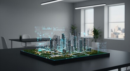 Futuristic urban planning hologram of smart city on office desk. Digital twin technology for sustainable development and infrastructure management