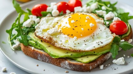 An egg and avocado toast on a white plate with an arugula salad, red cherry tomatoes, and feta cheese sprinkled over the avocados