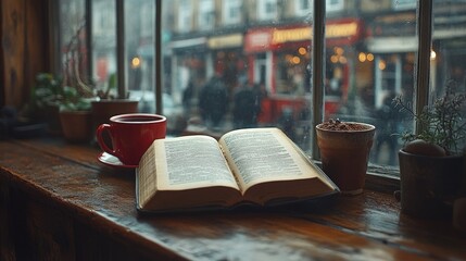 Obraz premium Cozy reading nook with an open book, coffee cup, and plants beside a rainy window overlooking a bustling street
