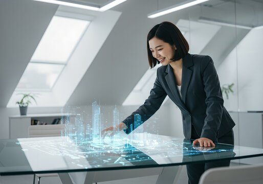 Woman interacting with holographic city map on futuristic table. Urban planning and smart city technology concept. Digital transformation in architecture and design. - Powered by Adobe