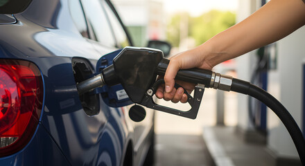 Close-up of hand holding fuel nozzle, pumping gasoline into car at petrol station.