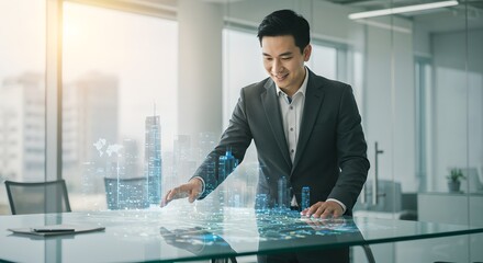 Asian businessman interacting with futuristic holographic city model in modern office. Urban planning and smart city technology concept for sustainable development
