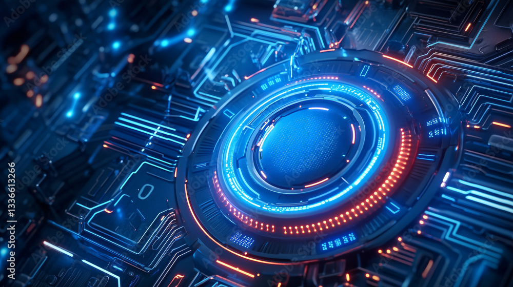 Poster an intricate digital interface showcases a network of circuits illuminated in vibrant blue and orang