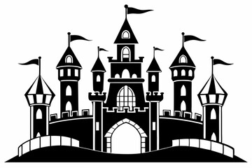 Fototapeta premium silhouette of a castle with tower and flags