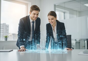 Business professionals analyzing futuristic holographic city projection. Digital urban planning and smart infrastructure concept in modern office setting