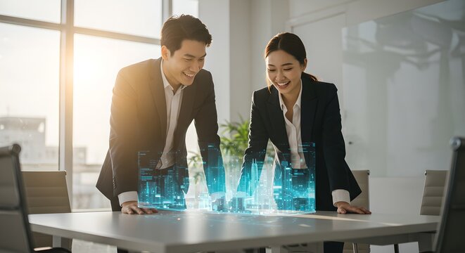 Business professionals examining holographic city model. Future urban planning technology. Man and woman analyzing 3D projection of metropolis for smart development - Powered by Adobe