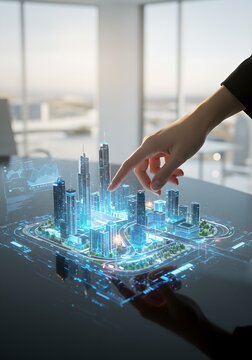Futuristic urban planning with holographic city model. Woman interacting with 3D projection of smart metropolis. Digital twin technology for sustainable development and urban management.
