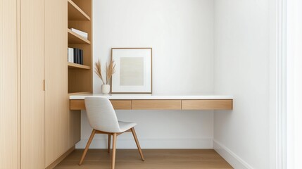 Corner of a room with a wooden desk and a white chair. the desk is made of light-colored wood and has a white countertop.