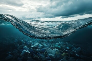 Underwater view of ocean plastic pollution with waves above, highlighting environmental issues