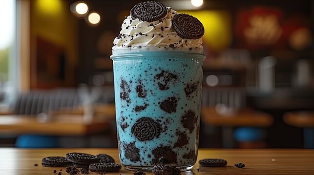 Delicious blue mint Oreo milkshake topped with whipped cream and cookies in a vibrant caf&Atilde;&copy; setting