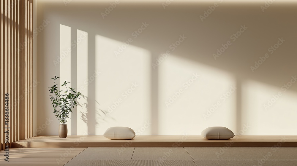 Poster modern and minimalist interior space with a wooden floor and white walls. on the left side of the im