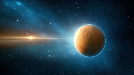 Naklejka premium A mesmerizing depiction of Mars showcasing its reddish surface and glowing atmosphere against a backdrop of distant stars. The scene captures the vastness of space and celestial beauty