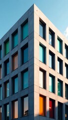 Abstract urban office building corner with geometric windows, urban, building