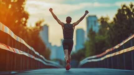 An athlete crossing the finish line with his arms raised
