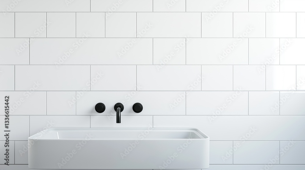 Poster modern white bathroom sink with a black faucet. the sink is rectangular in shape and has a smooth su