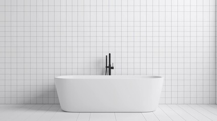 White freestanding bathtub in a modern bathroom. the bathtub is in the center of the image and is positioned against a white tiled wall.