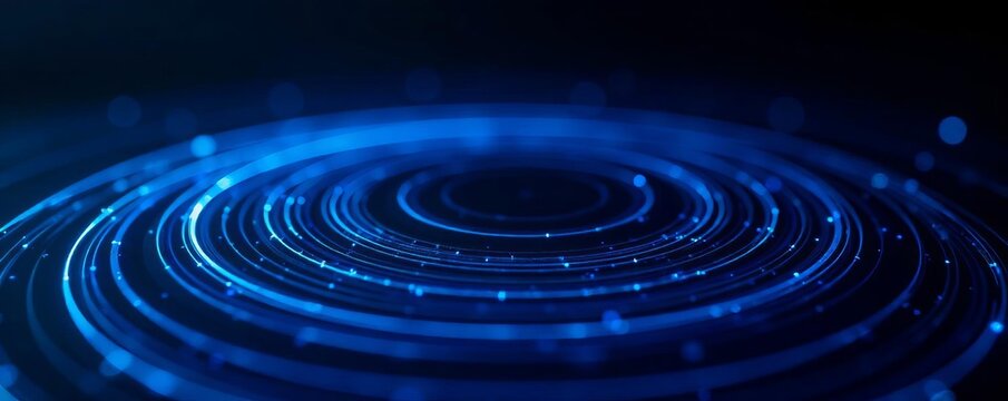 Abstract blue circular spiral sound wave rhythm lines on black background, rhythm, wave