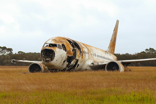 Rusting remains of a plane crash in a desolate field under a cloudy sky - Powered by Adobe