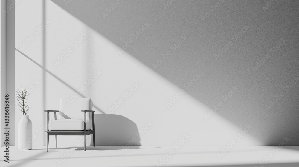 Poster 3d rendering of a modern living room with a minimalist design. the room has a white floor and walls,