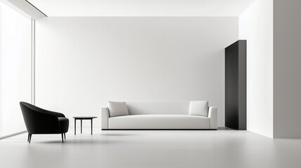 Modern living room with a minimalist design. the room has a large window on the left side, allowing natural light to enter the space.