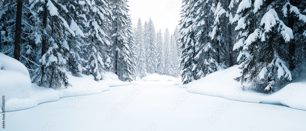 Poster Landscape photograph of a snowy forest. the trees on either side of the image are covered in a thick layer of snow, and the ground is also blanketed in a layer of white.