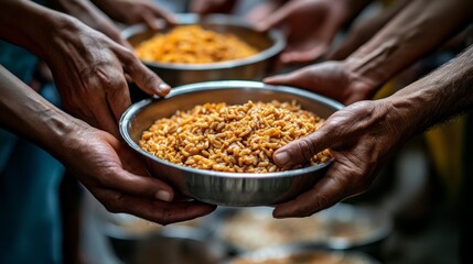 In a bustling setting, hands of various individuals extend towards shared bowls filled with rice, symbolizing unity and support among those facing hardship