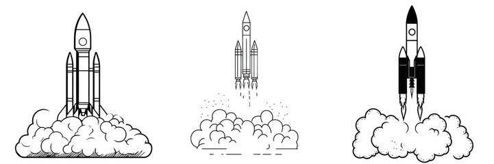Fototapeta premium Rocket Launch Triptych, Spacecraft Ascent isolated on white or transparent png