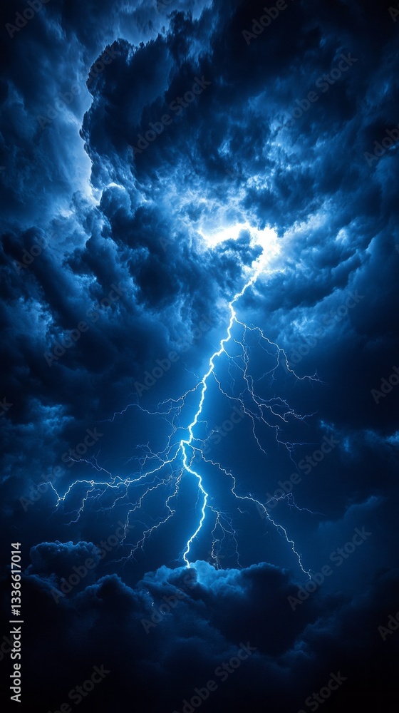 Poster a powerful lightning bolt strikes through a turbulent dark sky, casting an electrifying glow across 