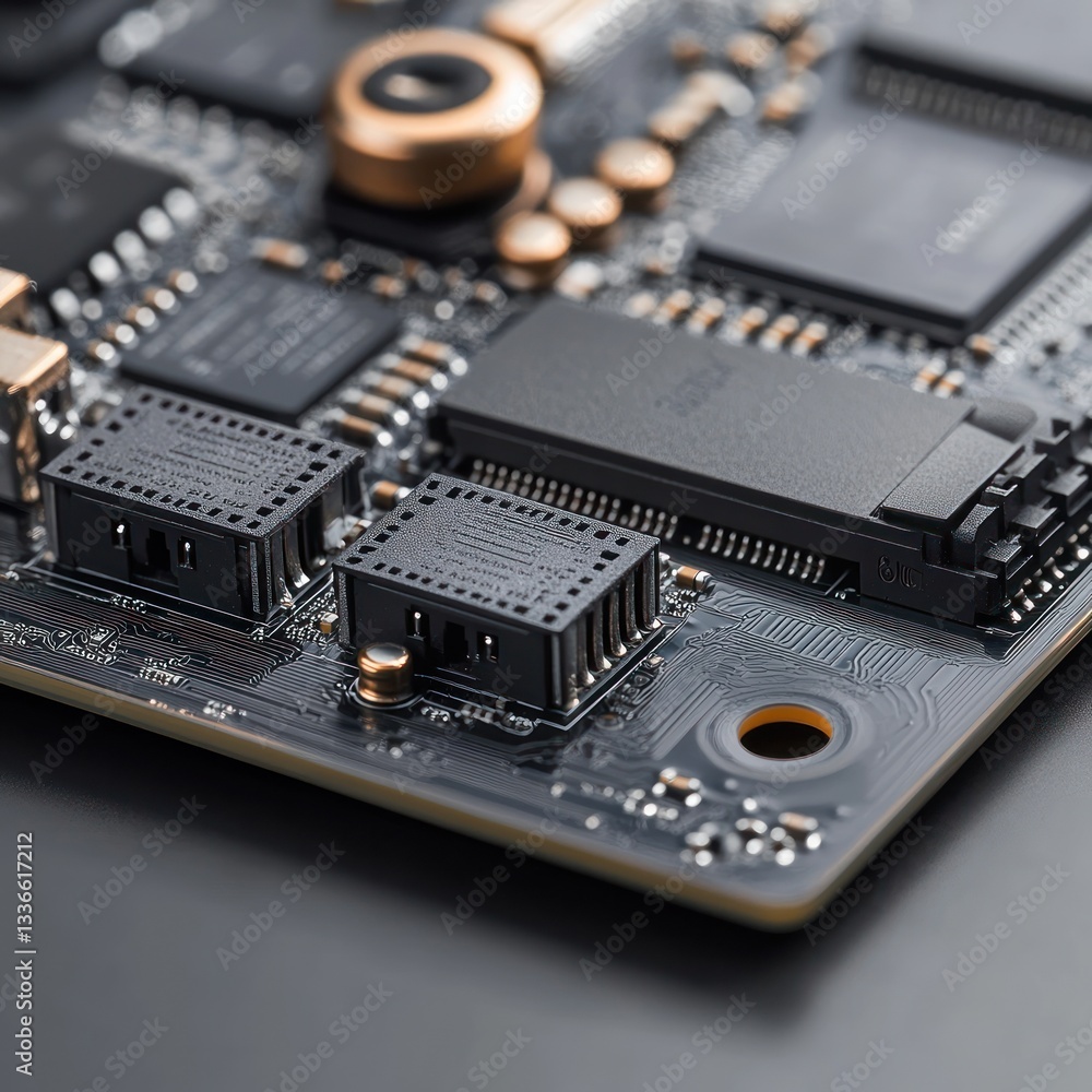 Poster close-up of a sophisticated circuit board, showcasing intricate electronic components and complex ci
