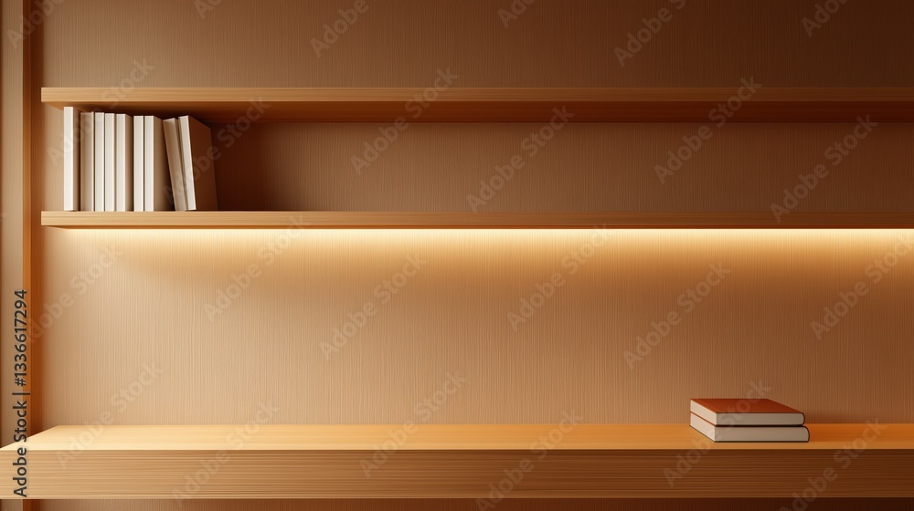 Poster wooden shelf attached to a wall. the shelf is made of light-colored wood and has a rectangular shape