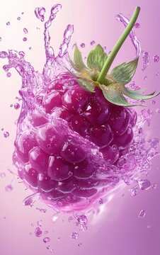 Flying loganberry with splashes, isolated on a soft lavender background